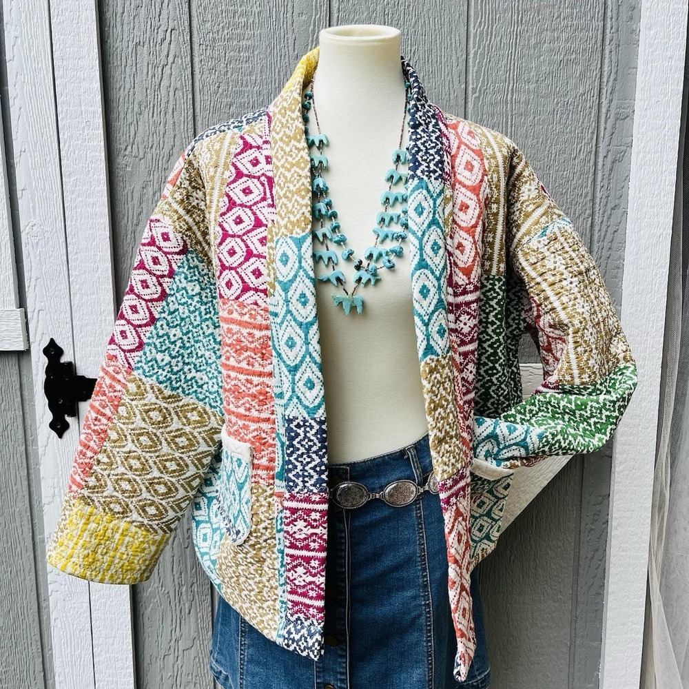 Patchwork Boho Handmade Kantha Style Quilt Cropped Kimono Jacket L  / One Size